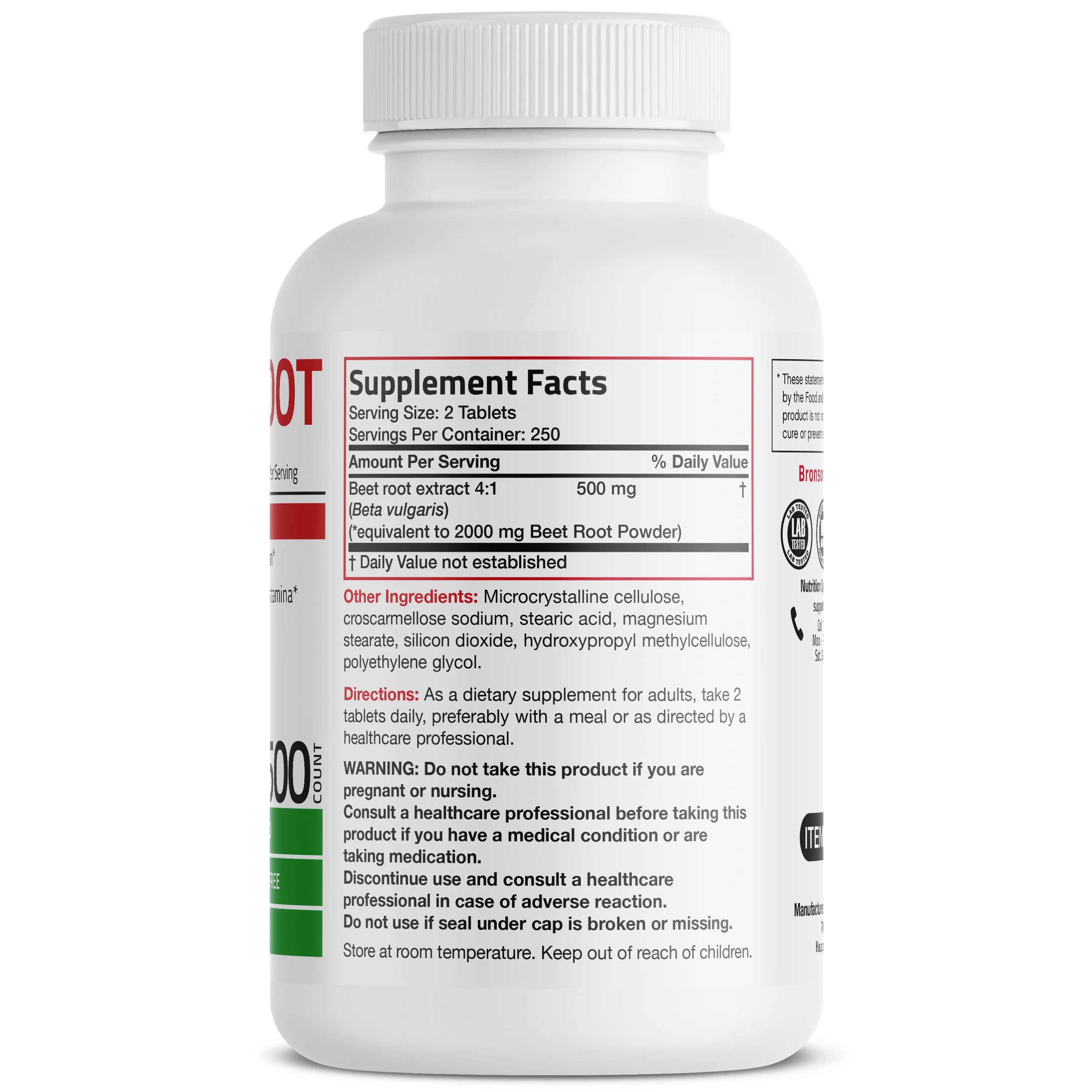 Bronson Beet Root 2000mg Extra Strength 2000mg Per Serving Non-GMO, 500 Vegetarian Tablets