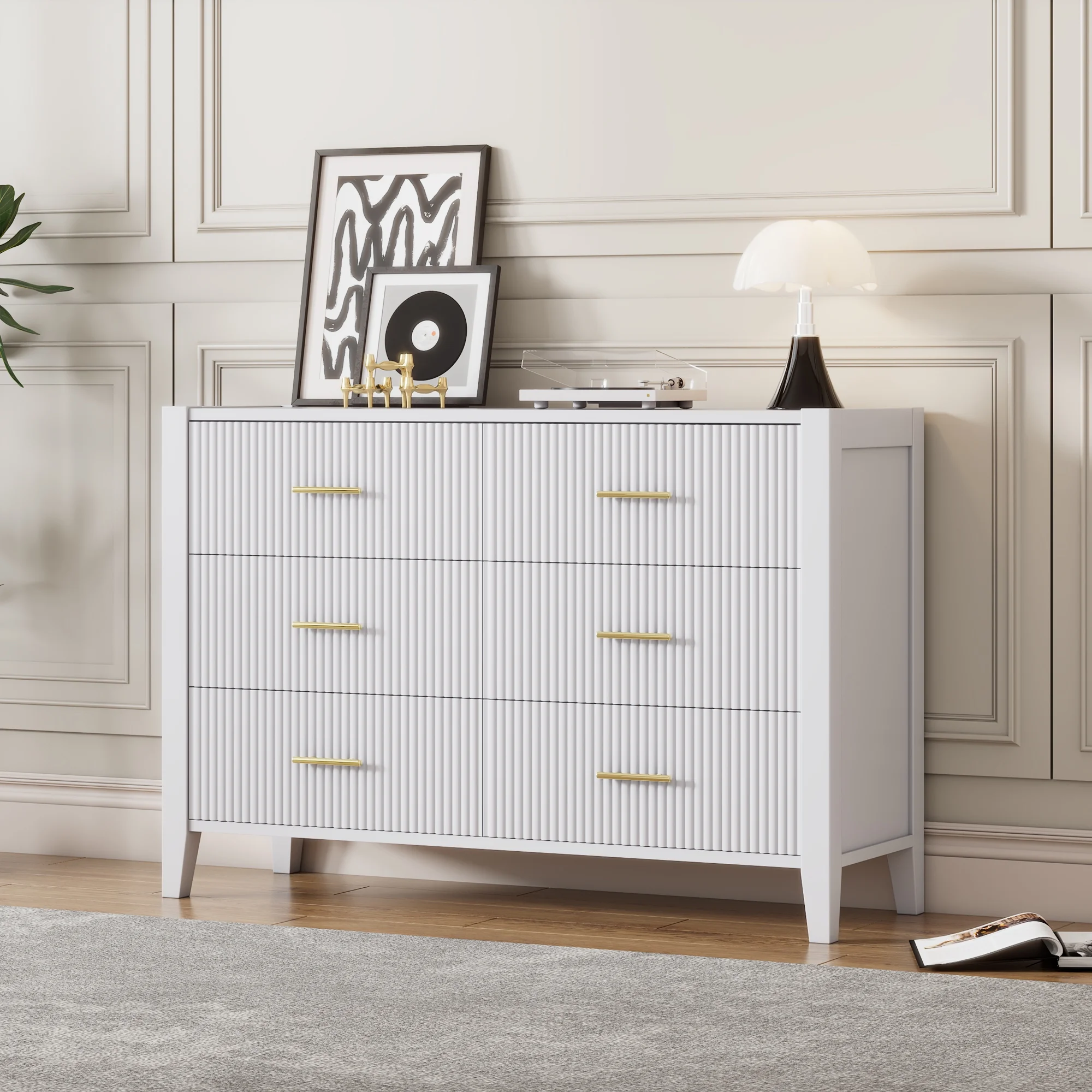 Glavbiku Modern 6 Drawer Dresser with Sturdy Metal Leg for Home,Storage Cabinet White Finish,Adult