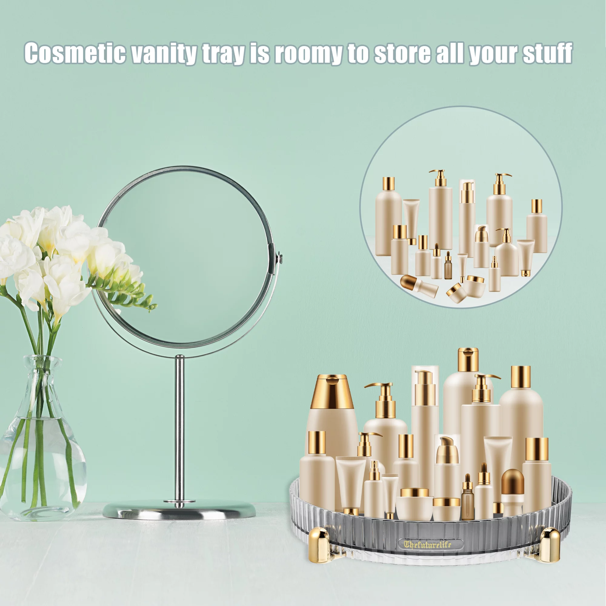 Unique Bargains Makeup Perfumes Organizer 360 Degree Rotating Round Storage Tray Lazy Susan Dressers Storage Gray