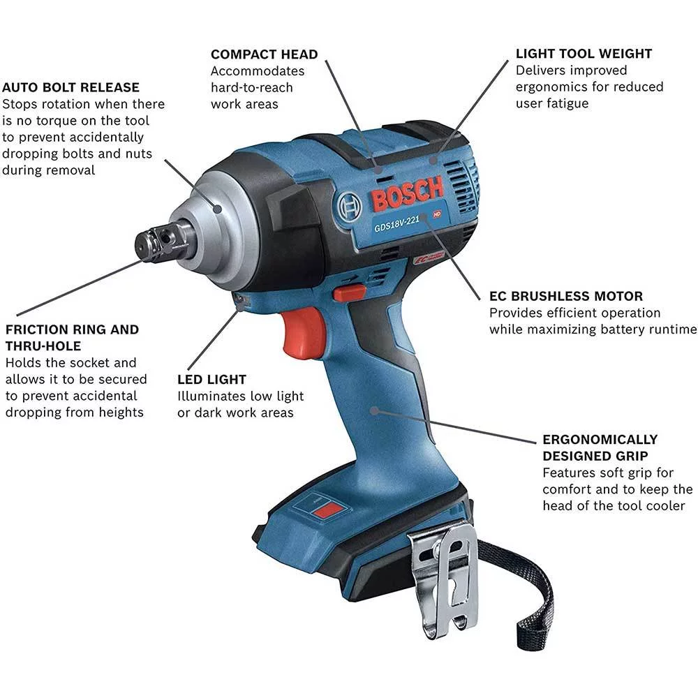 BOSCH GDS18V-221N 18V EC Brushless 1/2 in. Impact Wrench with Friction Ring and Thru-Hole (Bare Tool)