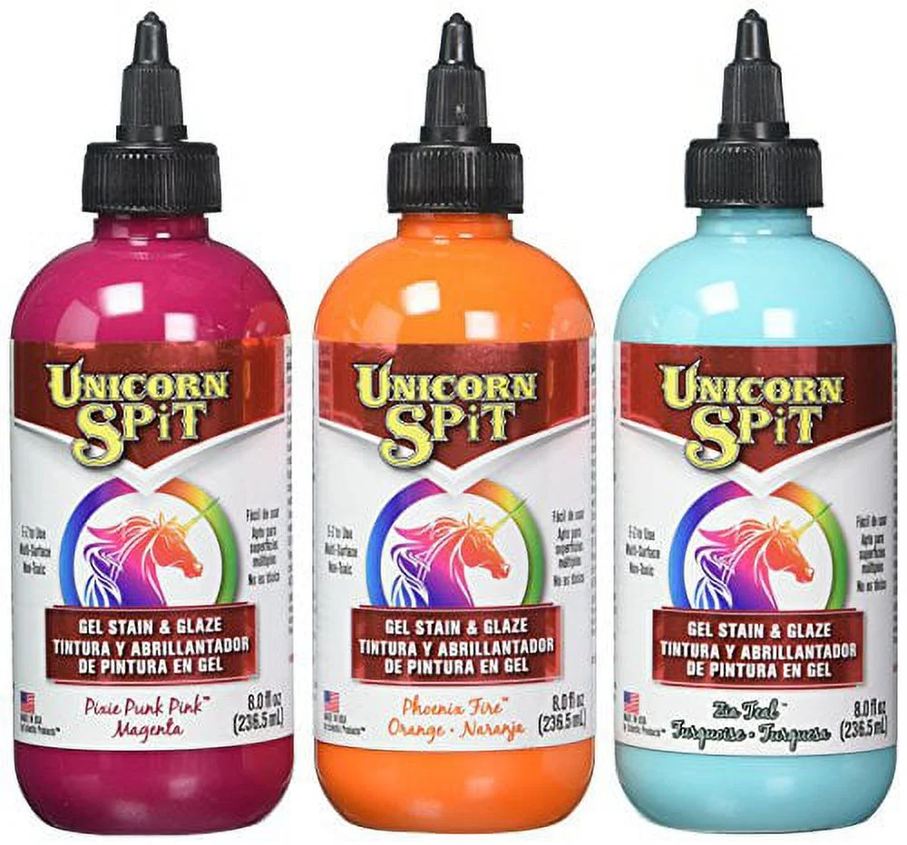 Unicorn SPiT Gel Stain & Glaze Paint in One - CaLyPso Set: --Phoenix Fire, Pixie Punk Pink, Zia Teal - 8 oz size--