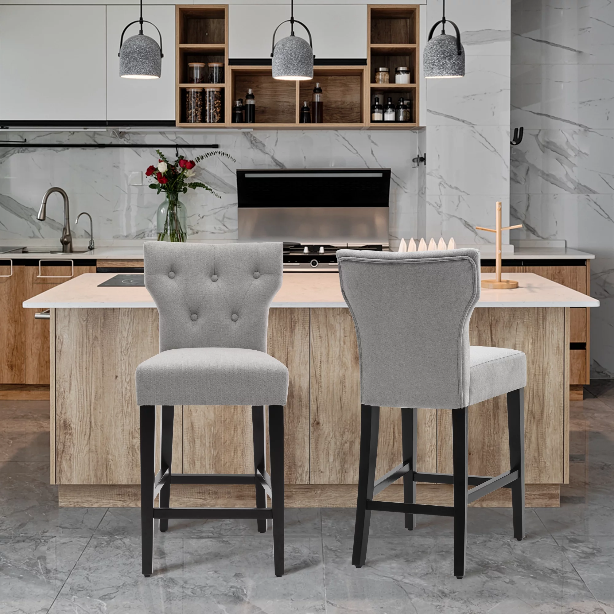 Modern Counter Height Wood and Fabric Bar Chair, Tall Wingback Style Bar Stool, Set of 2, Gray