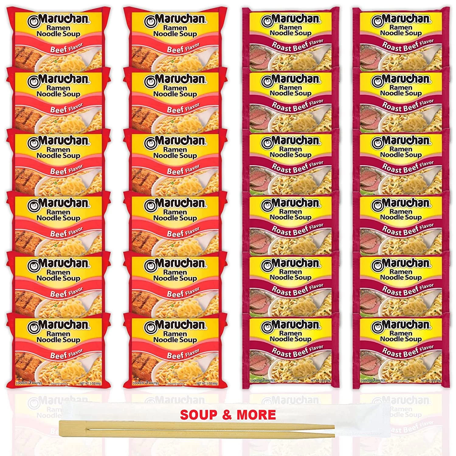 Maruchan Ramen Instant Noodle Soup Variety, 2 Flavors - 12 Packs Beef & 12 Packs Roast Beef , 3 Ounce Single Servings Lunch / Dinner Variety