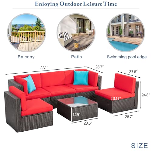 Vongrasig 5 Piece Patio Furniture Sets, All-Weather Brown PE Wicker Outdoor Couch Sectional Set, Small Conversation Set for Garden/Patio w/Ottoman, Glass Table, Red Pillow, Beige