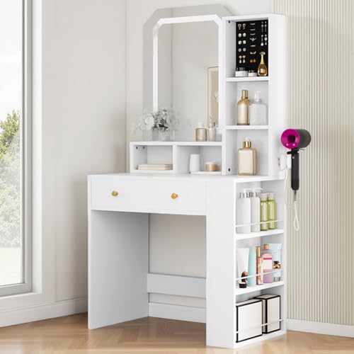 DWVO White Vanity Desk Set with XL LED Mirror, Glass Top, and 11 Drawers, 46'' Makeup Vanity with Storage Stool and Power Outlets