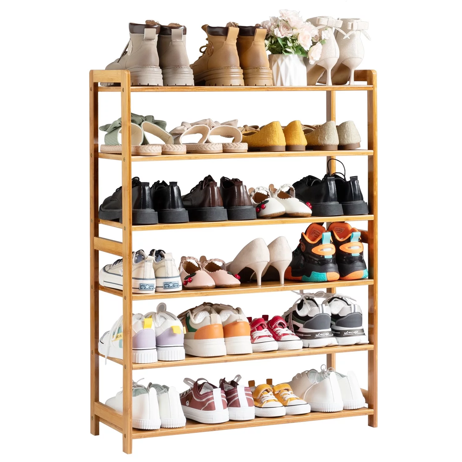 Wobythan Natural Bamboo 6 Tiers Shoe Rack Shoe Storage Organizer Free Standing Shoe Tower Shoe Shelf Shoe Cabinet for Entryway Hallway Living Room Closet, Wood Color
