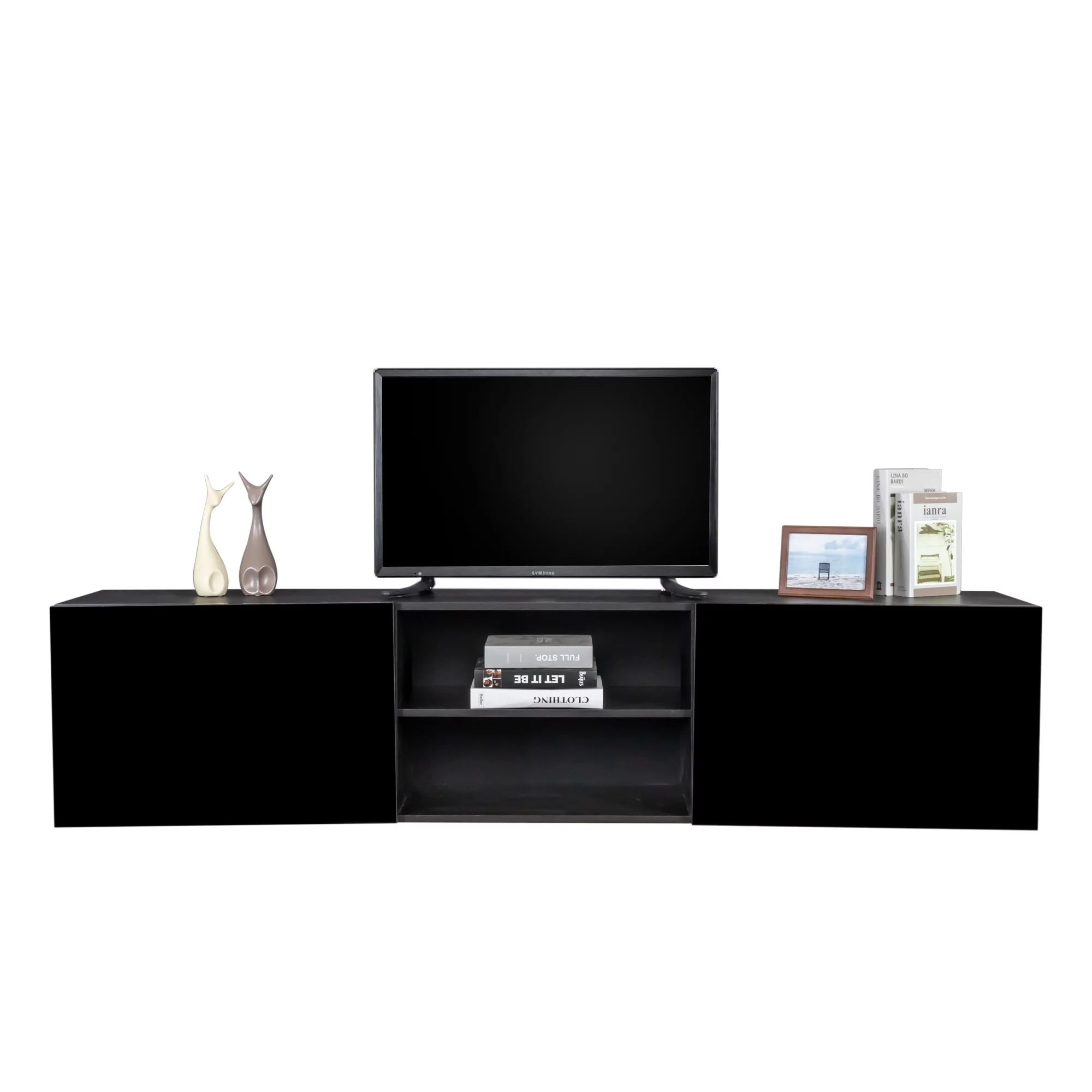 Floating TV Stand, Wall Mounted Entertainment Center With Shelf And Clamshell Doors, Modern High Gloss TV Cabinet Fits TVs
