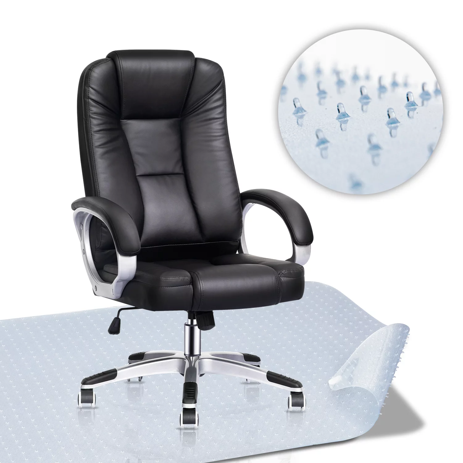 MoNiBloom Executive Office Chair + Carpet Mat, Deep Tilt Swivel High-Back with Ergonomic Lumbar Support, Black