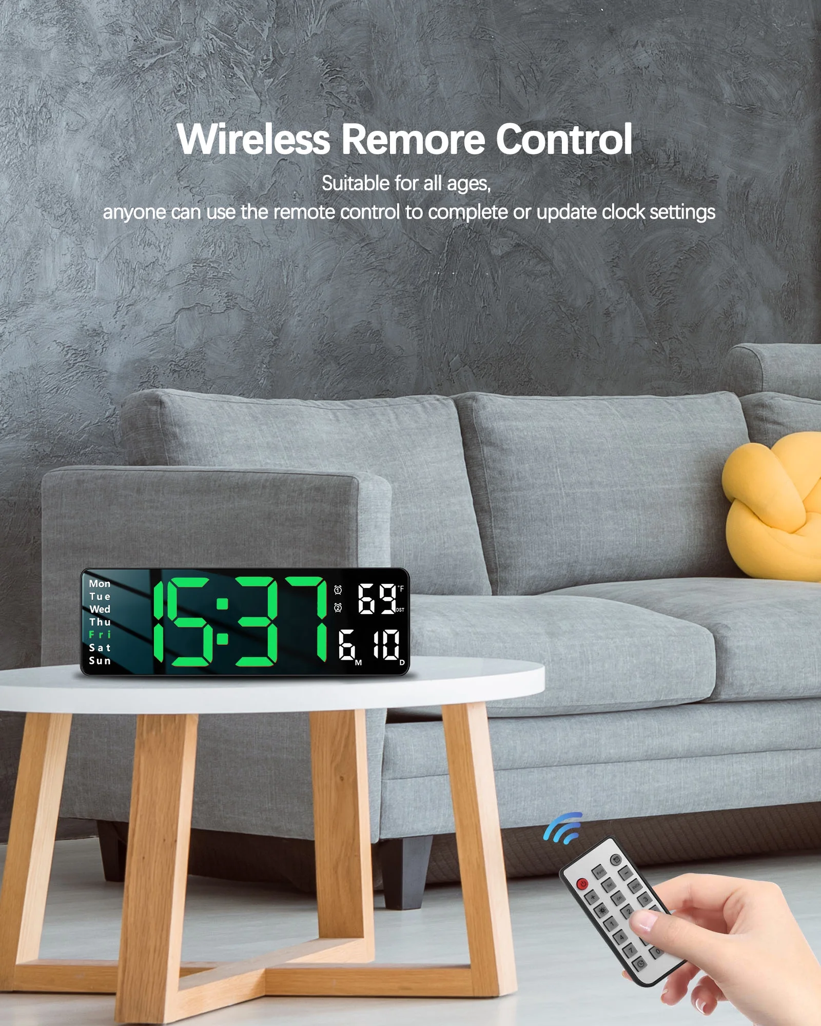 JoFomp Digital Wall Clock - Large LED Display, Loud Alarm, Remote Control, DST, Auto-Dimming, Date and Day, Timer, Temperature - 12/24H Format - Ideal for Living Room, Bedroom, Kitchen