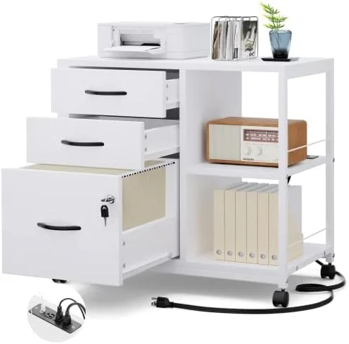 KHBIULIFE 3 Drawer Wood File Cabinet with Socket and USB Charging Ports for Home Office  Rolling Lateral Filing Cabinet with Locking Drawer for A4/Letter Size  Printer Stand with   Rustic