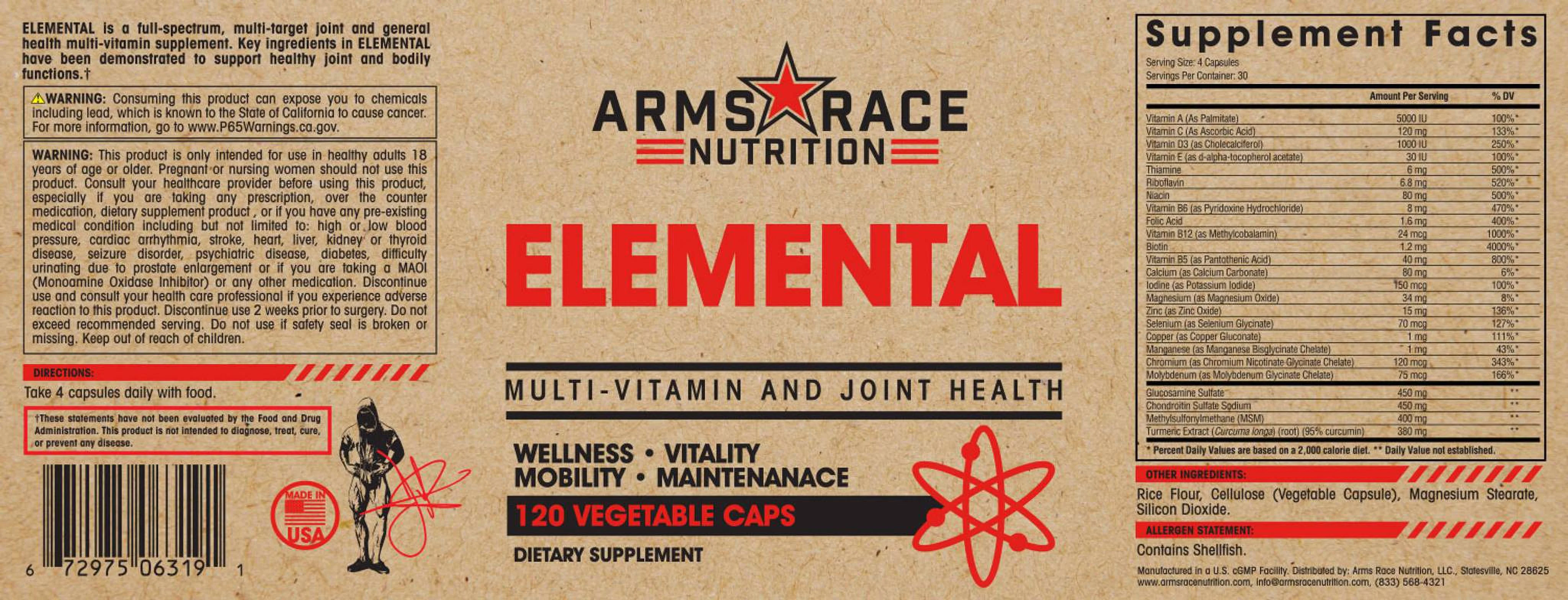 Arms Race Nutrition ELEMENTAL - Multi Vitamin and Joint Health (120 Vegetable Capsules)