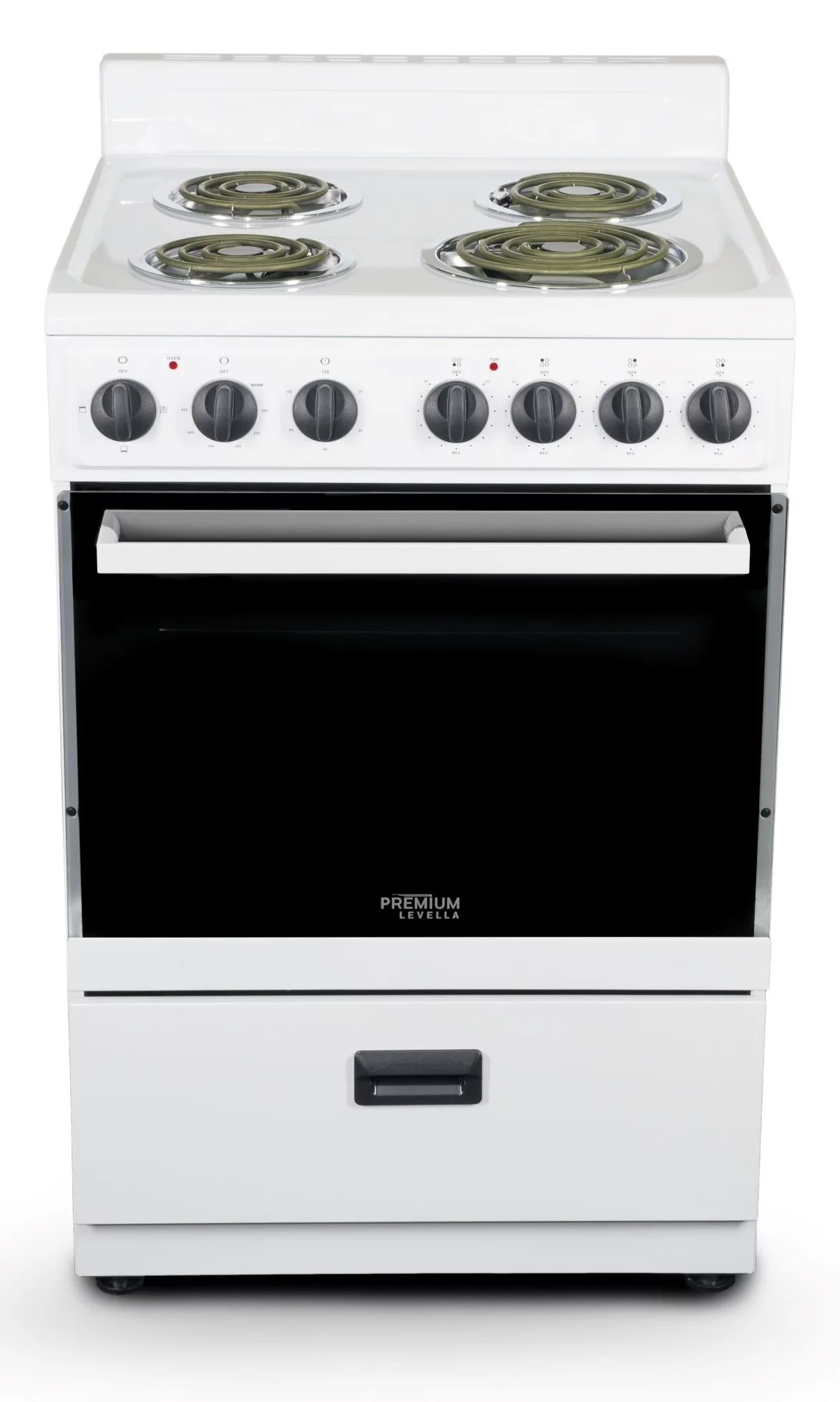 Premium Levella 24 in. 2.7 cu. ft. Single Oven Electric Range with 4 Burners and Storage Drawer in White