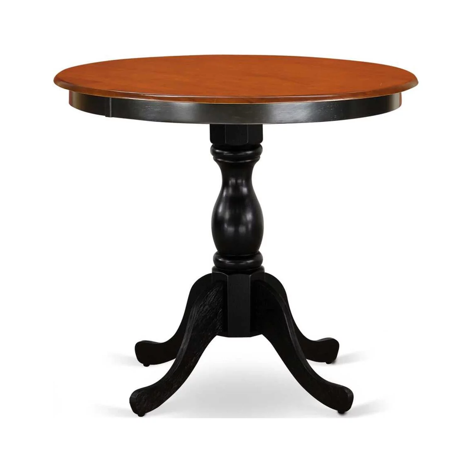 East West Furniture 3-Piece Dining Table Set Include a Round Dining Table and 2 Wooden Chairs with Slatted Back - Black Finish