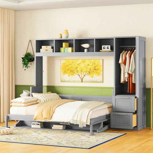 Queen Size Murphy Bed Wall Bed with Closet and Drawers, Foldable Platform Bed Folded into Cabinet, Muti-Functional Designed for Home Office (Gray/L1, Queen)