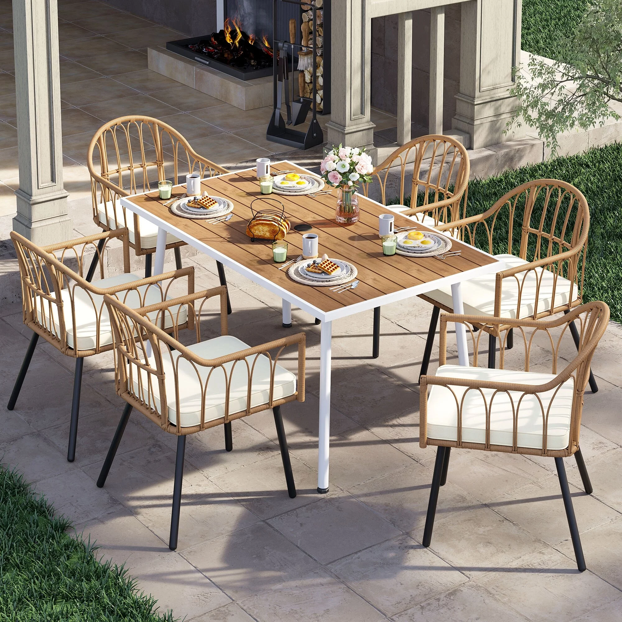 Mcferran's Inc Fernald Beige 7-piece Outdoor Wicker Dining Set Patio Chairs and Table with Cushion