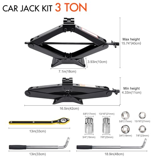 Scissor Jack 3 Ton (6610 lbs) Tire Changing Kit with Lug Wrench - Emergency Kit for Car, SUV, MPV