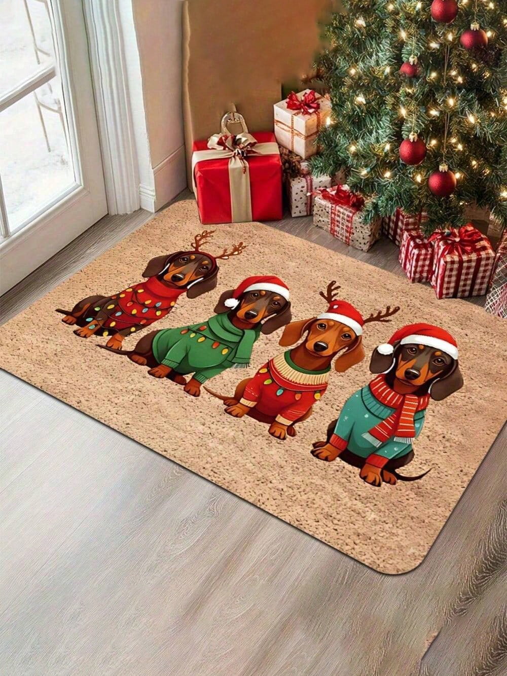 1 Dachshund Christmas Doormat With Santa Hat And Sweater Pattern - Soft Polyester Indoor And Outdoor Rug, 0.4 Inch Non-Slip Bottom, Machine Washable Pet Mat For Entryway, Kitchen, Bathroom