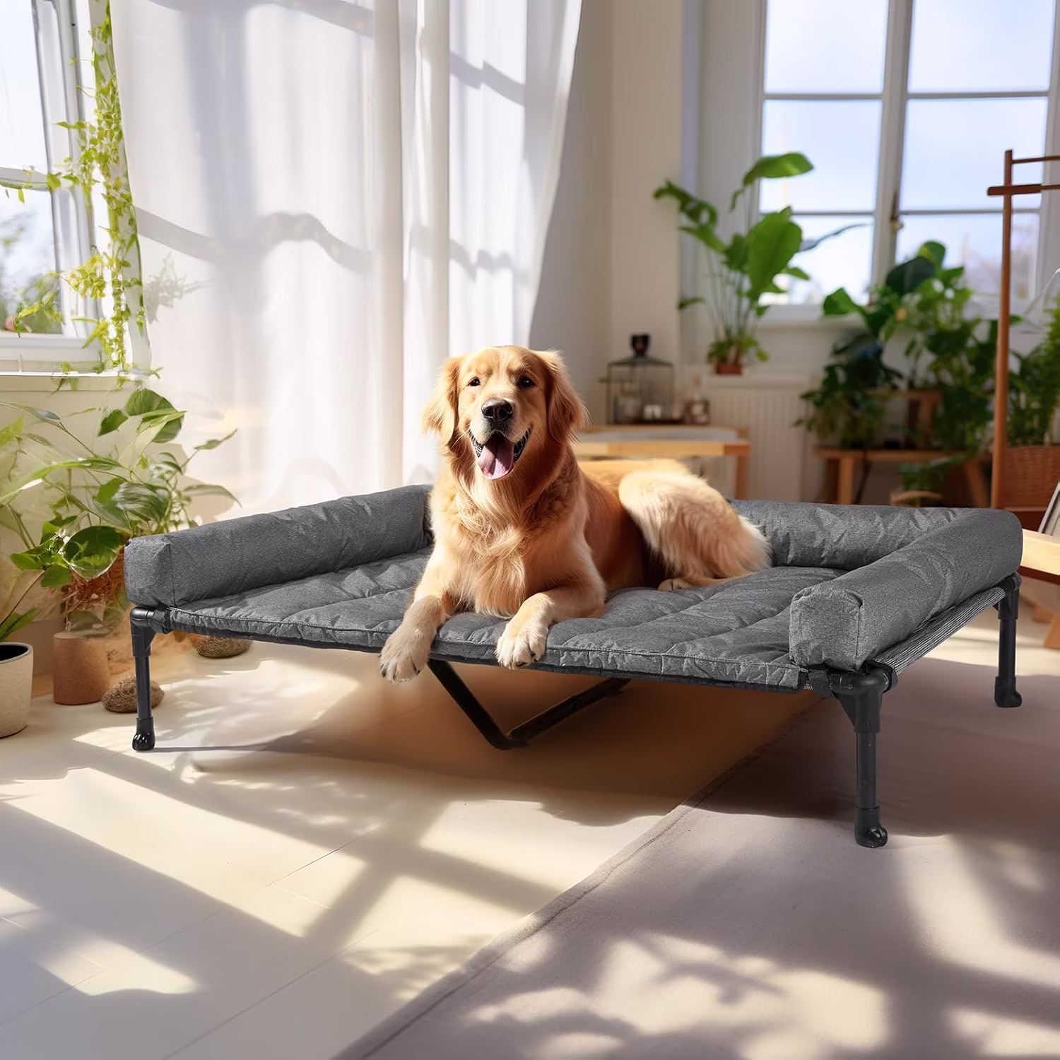 Elevated Dog Bed Add Removable Waterproof Bolster Cushion Mat, Raised Pet Cot with Breathable Teslin Mesh, No-Slip Feet, Dog Sofa Bed for Indoor Outdoor, XLarge, Black Silver