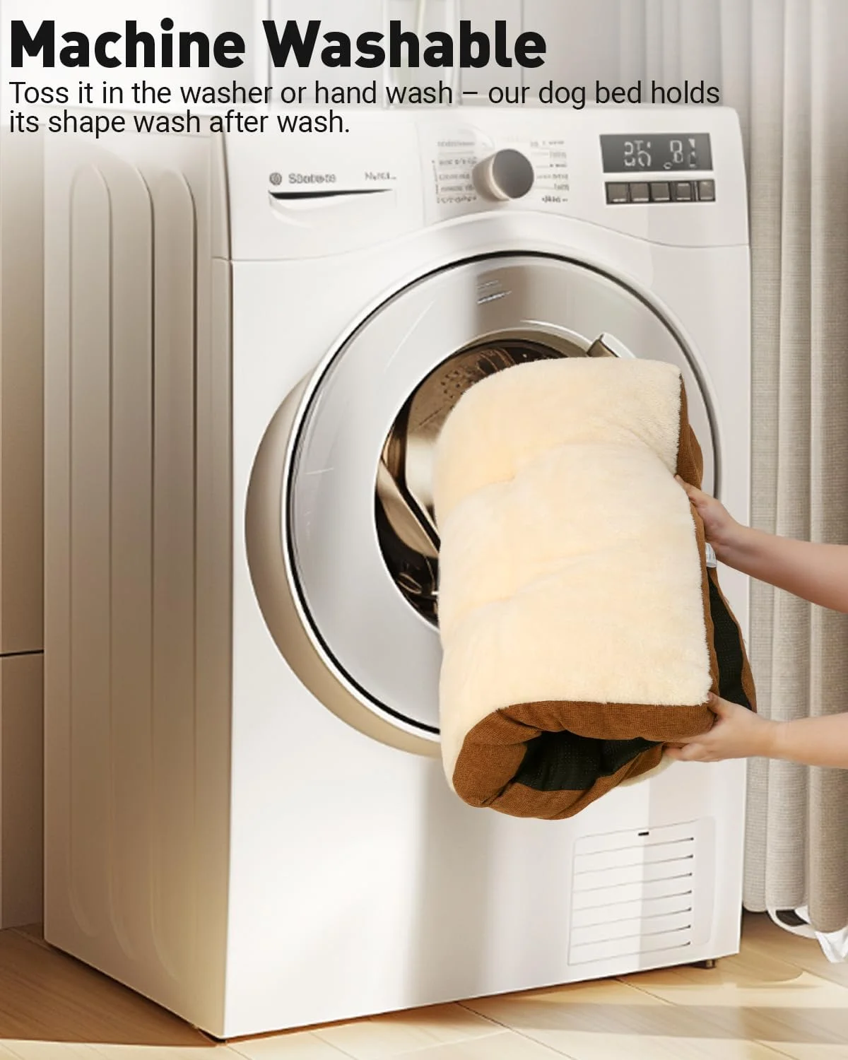 Washable Dog Bed for Large Sized Dog, Crate Bed Plush Pet Kennel Pad with Non-Slip Bottom, Pet Sleeping Mat, 35x23 Inch, Khaki