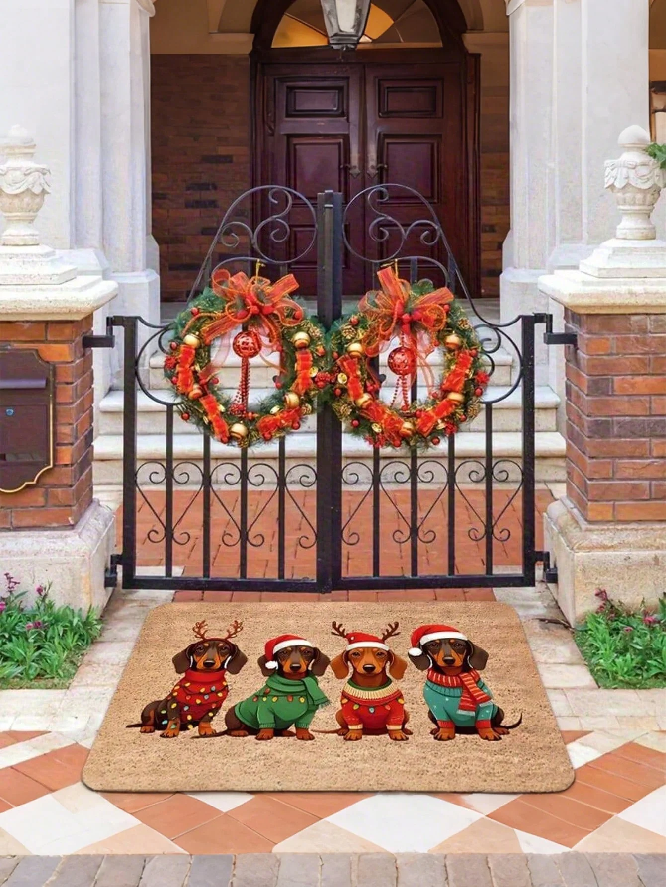 1 Dachshund Christmas Doormat With Santa Hat And Sweater Pattern - Soft Polyester Indoor And Outdoor Rug, 0.4 Inch Non-Slip Bottom, Machine Washable Pet Mat For Entryway, Kitchen, Bathroom