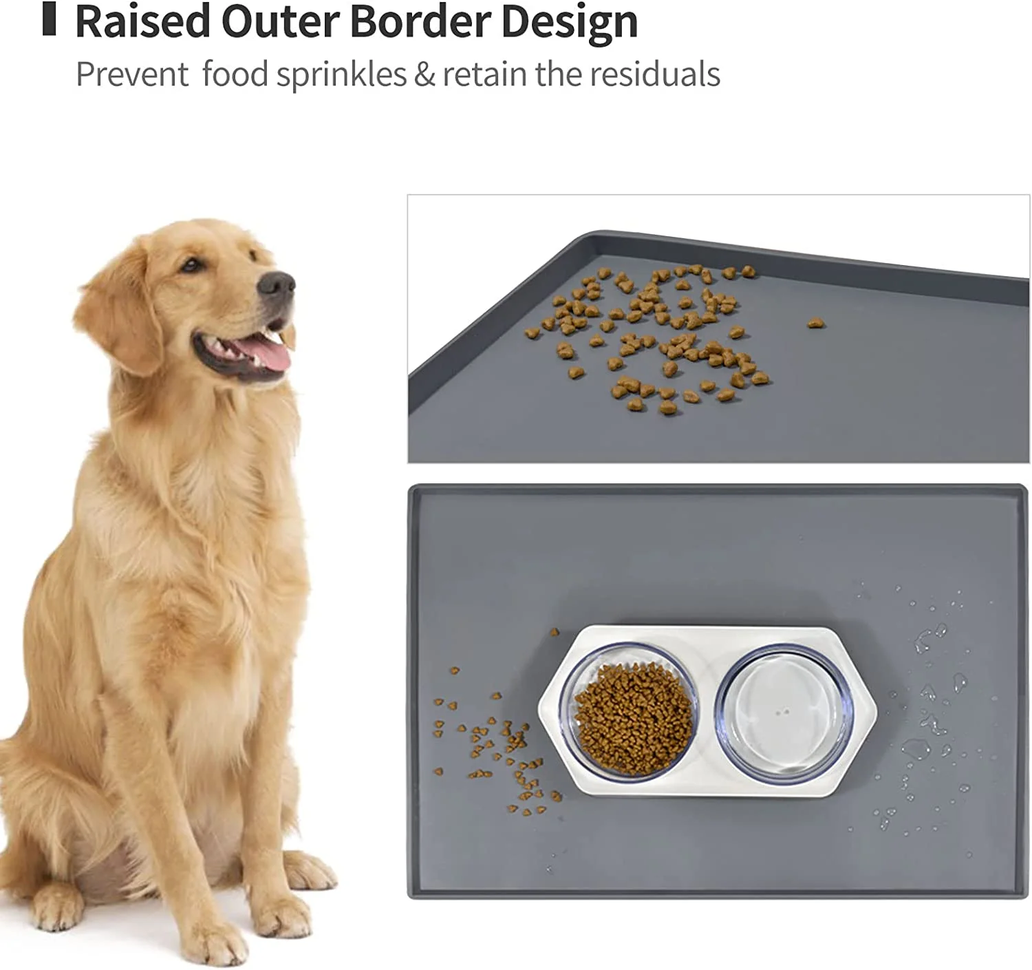 Waterproof Pet Feeding Mat with Raised Edge, Non-Slip Silicone Bowl Mat for Small & Medium Pets