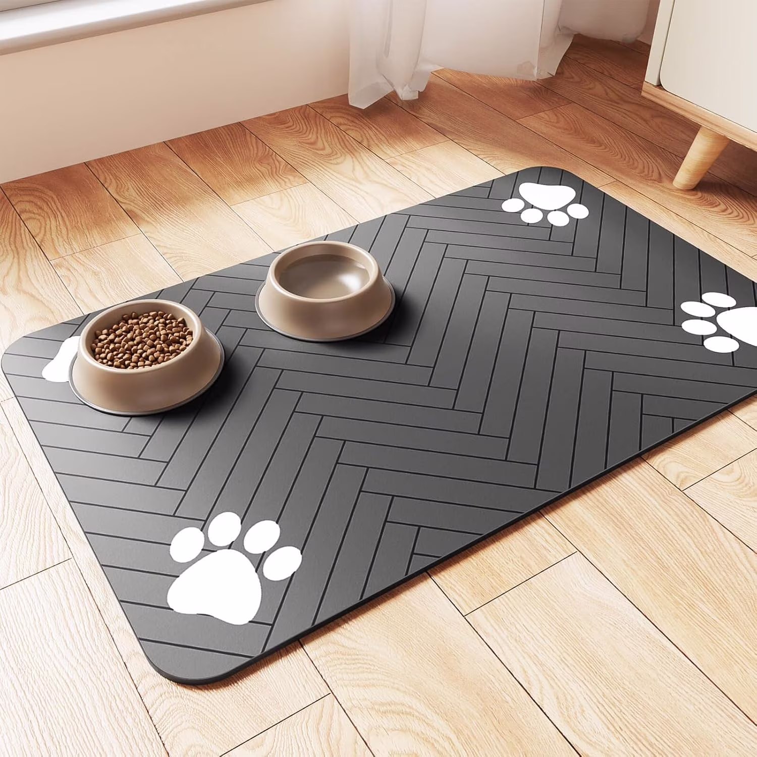 Pet Feeding Mat, Absorbent Pet Placemat for Food and Water Bowl, with Waterproof Rubber Backing, Quick Dry Water Dispenser Mat for Dog and Cat (12"x20", Striped Dark Gray)