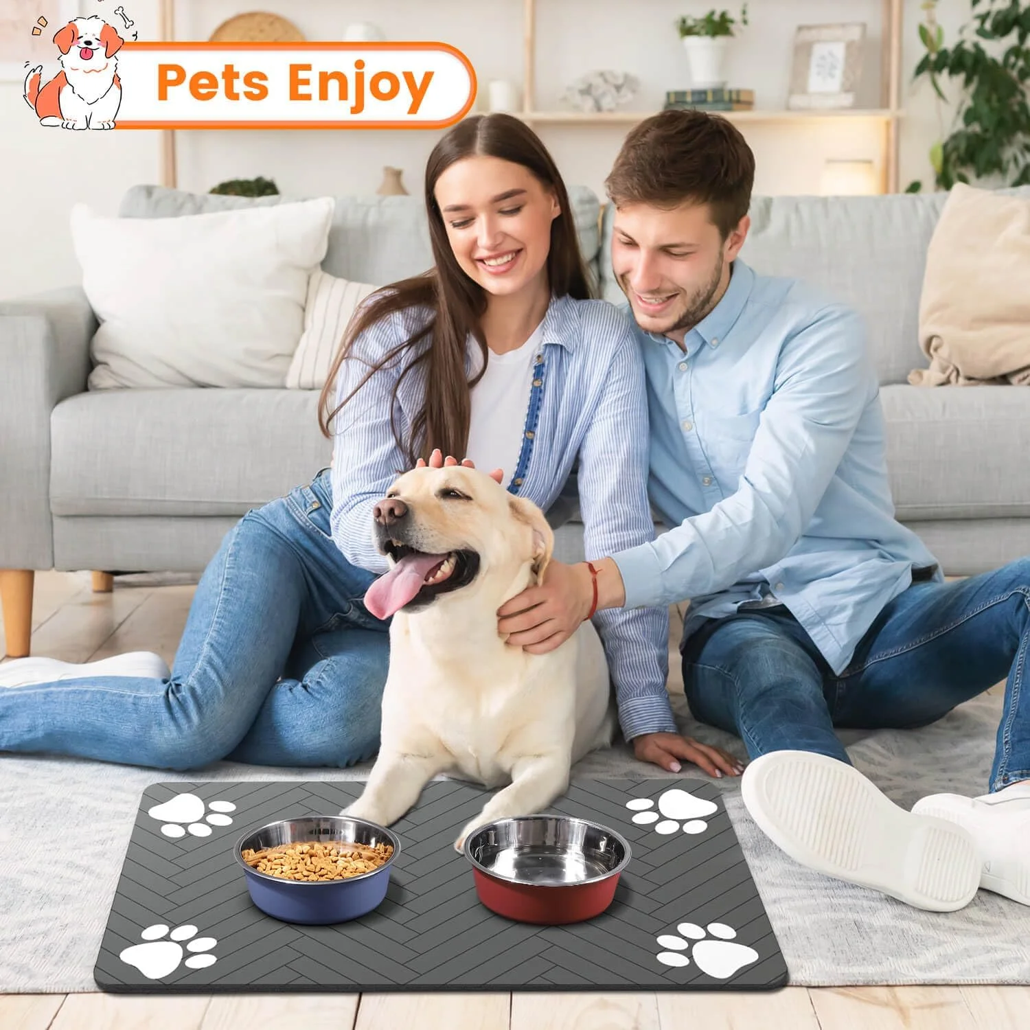Pet Feeding Mat Absorbent Pet Placemat for Food and Water Bowl, with Waterproof Rubber Backing, Quick Dry Water Dispenser Mat for Dog and Cat (12"x20", Striped Dark Gray)