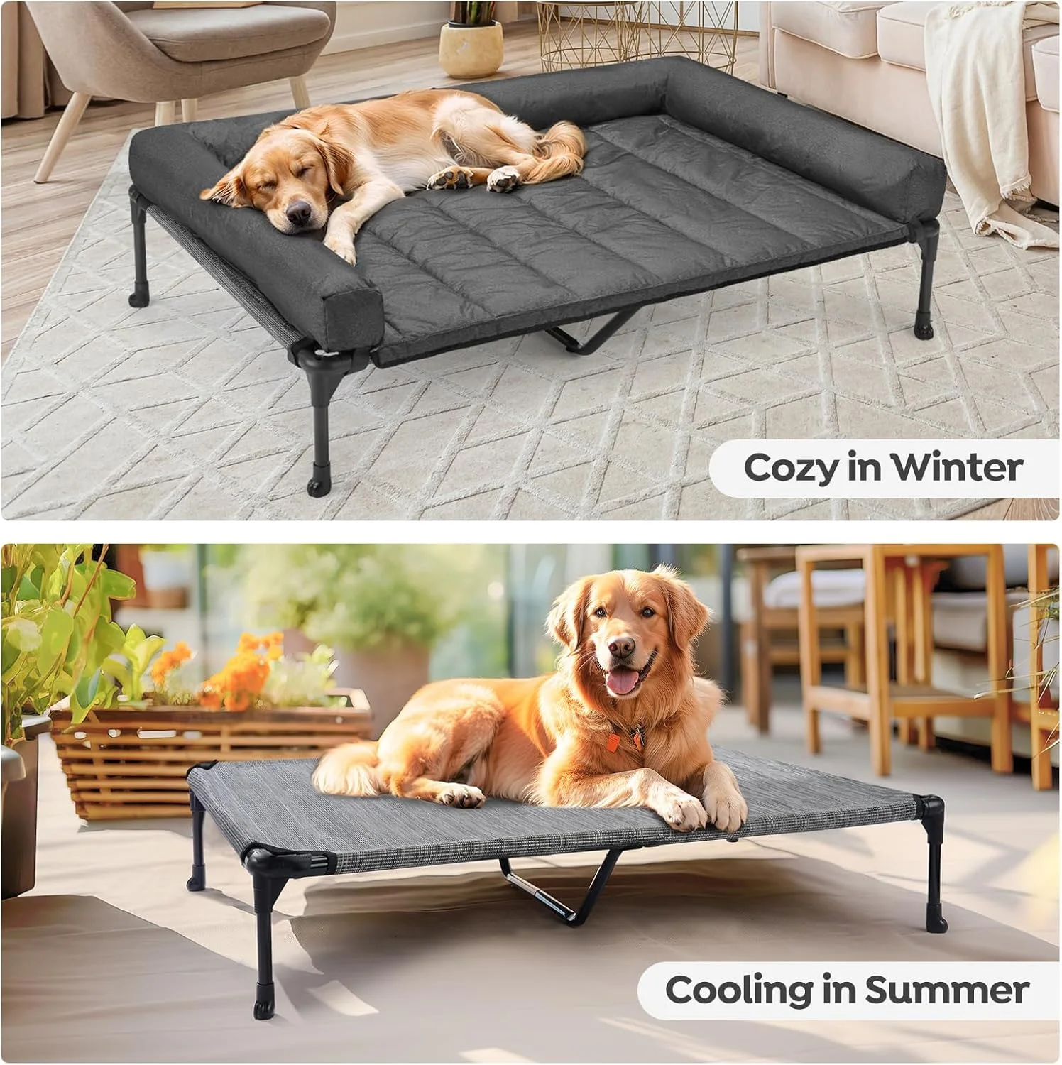 Cooling Elevated Dog Bed Add Removable Waterproof Bolster Cushion Mat, Raised Pet Cot with Breathable Teslin Mesh, No-Slip Feet, Dog Couch Bed for Indoor Outdoor, 59x37.5inches, Beige,