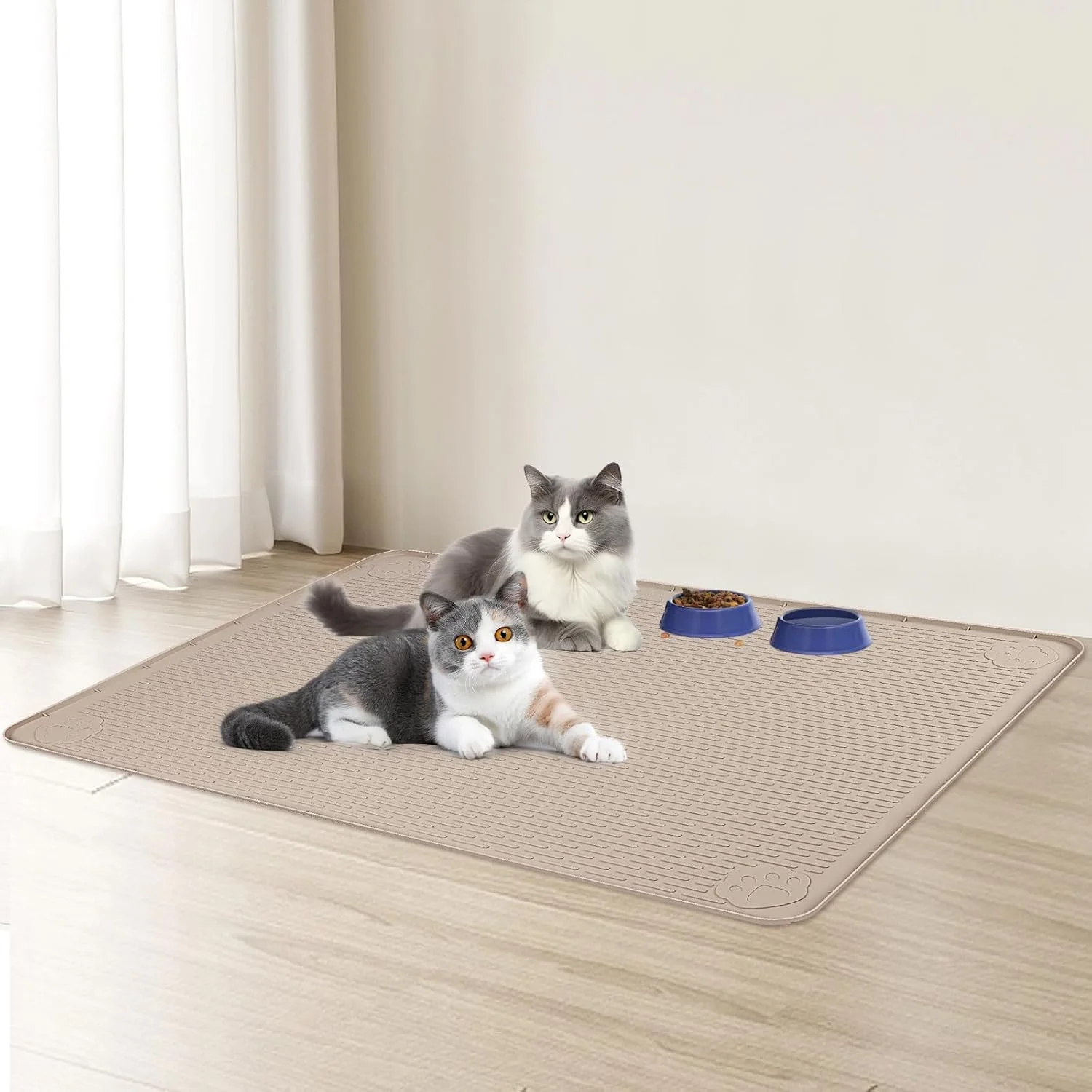 Extra Large Silicone Pet Feeding Mat with Raised Edge, Non-Slip, Easy to Clean, Floor Protection (Khaki)