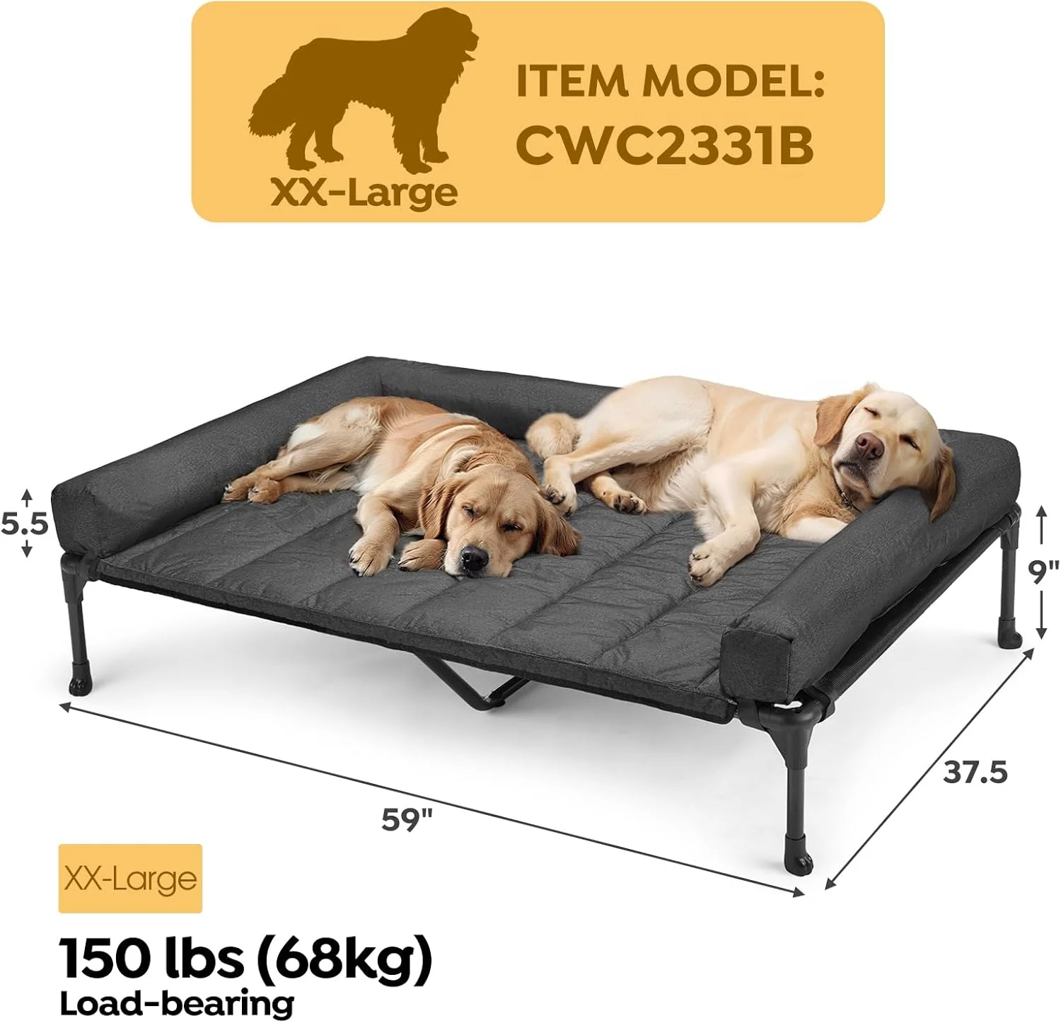 Cooling Elevated Dog Bed + Waterproof Removable Pillow-Top Mat, Bolster Dog Cot Bed, Raised Pet Cot with Breathable Mesh, No-Slip Feet, Dog Sofa Bed for Indoor& Outdoor, XXLarge, Black