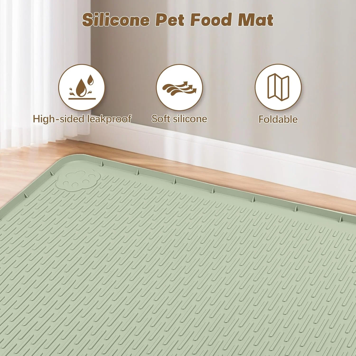 Cat Feeding Mat, 50" x 35" Extra Large Silicone Pet Feeding Mat with Raised Edge Pet Placemat for Food and Water Bowl Non-Slip, Easy to Clean, Floor Protection (Green)