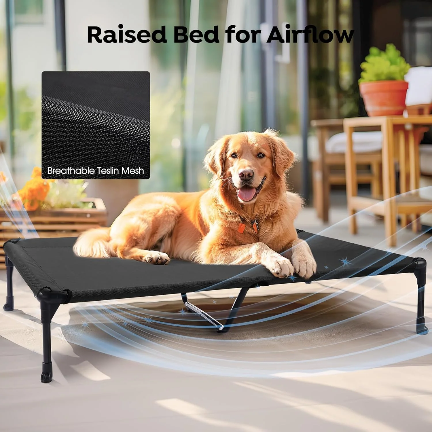 Cooling Elevated Dog Bed + Waterproof Removable Pillow-Top Mat, Bolster Dog Cot Bed, Raised Pet Cot with Breathable Mesh, No-Slip Feet, Dog Sofa Bed for Indoor& Outdoor, XXLarge, Black