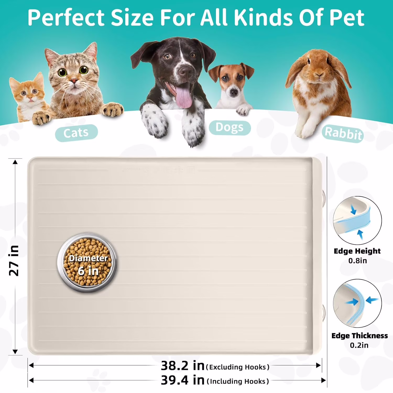 Dog Mat for Food and Water - 39.4" x 27" Large Pet Feeding Mats with Residue Collection Pocket - Waterproof Dog  Bowl Mat with High Edges to Prevent Water and Food Spills (Cream)