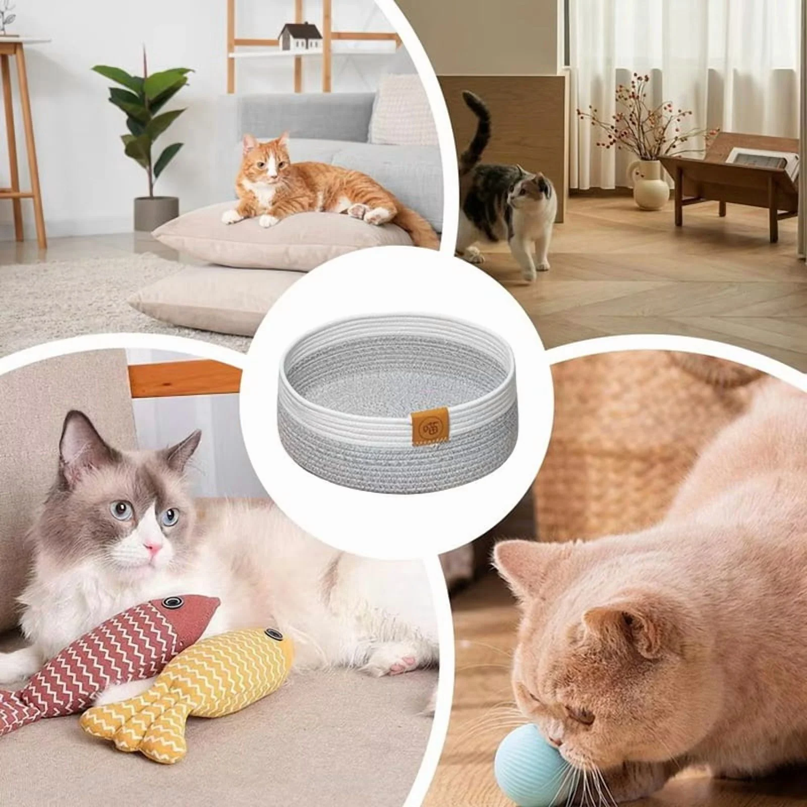 DogBed Basket Pet Cotton Sleep Scratcher Nest Indoor Cats Scratching Board Mat Cotton Rope Pet Mat Basket for Sleeping B,1 * Cat Basket Bed,Yellow & Gray