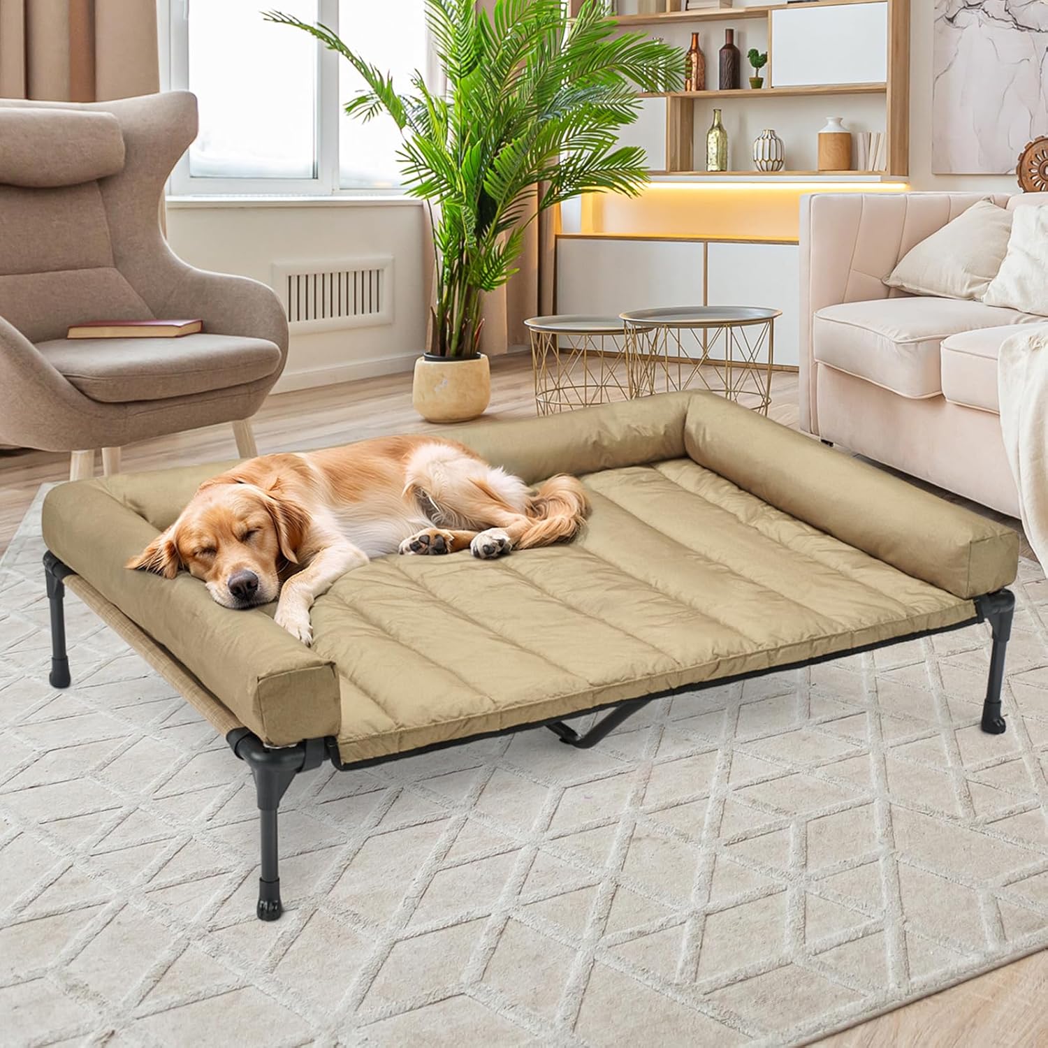 Cooling Elevated Dog Bed Add Removable Waterproof Bolster Cushion Mat, Raised Pet Cot with Breathable Teslin Mesh, No-Slip Feet, Dog Couch Bed for Indoor Outdoor, 59x37.5inches, Beige,