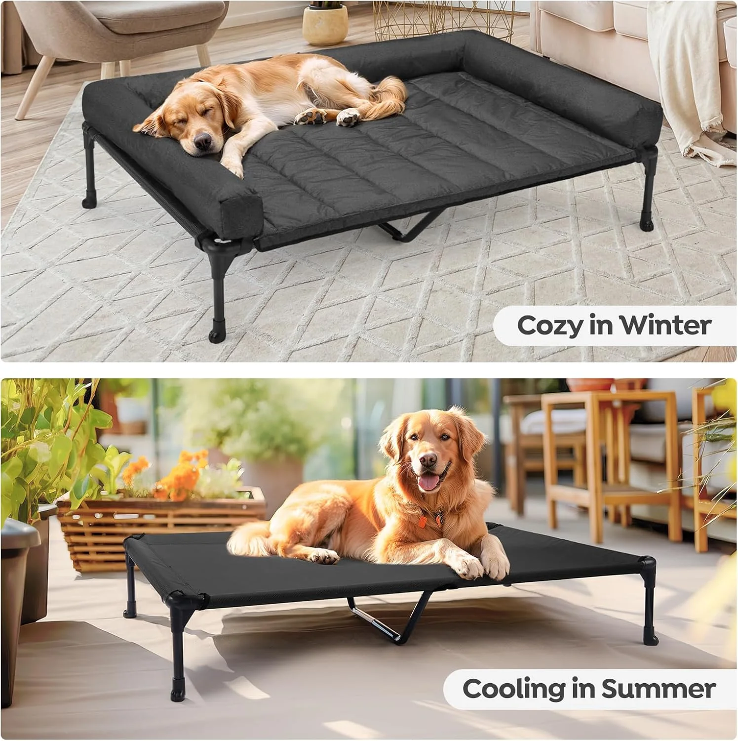 Cooling Elevated Dog Bed + Waterproof Removable Pillow-Top Mat, Bolster Dog Cot Bed, Raised Pet Cot with Breathable Mesh, No-Slip Feet, Dog Sofa Bed for Indoor& Outdoor, XXLarge, Black