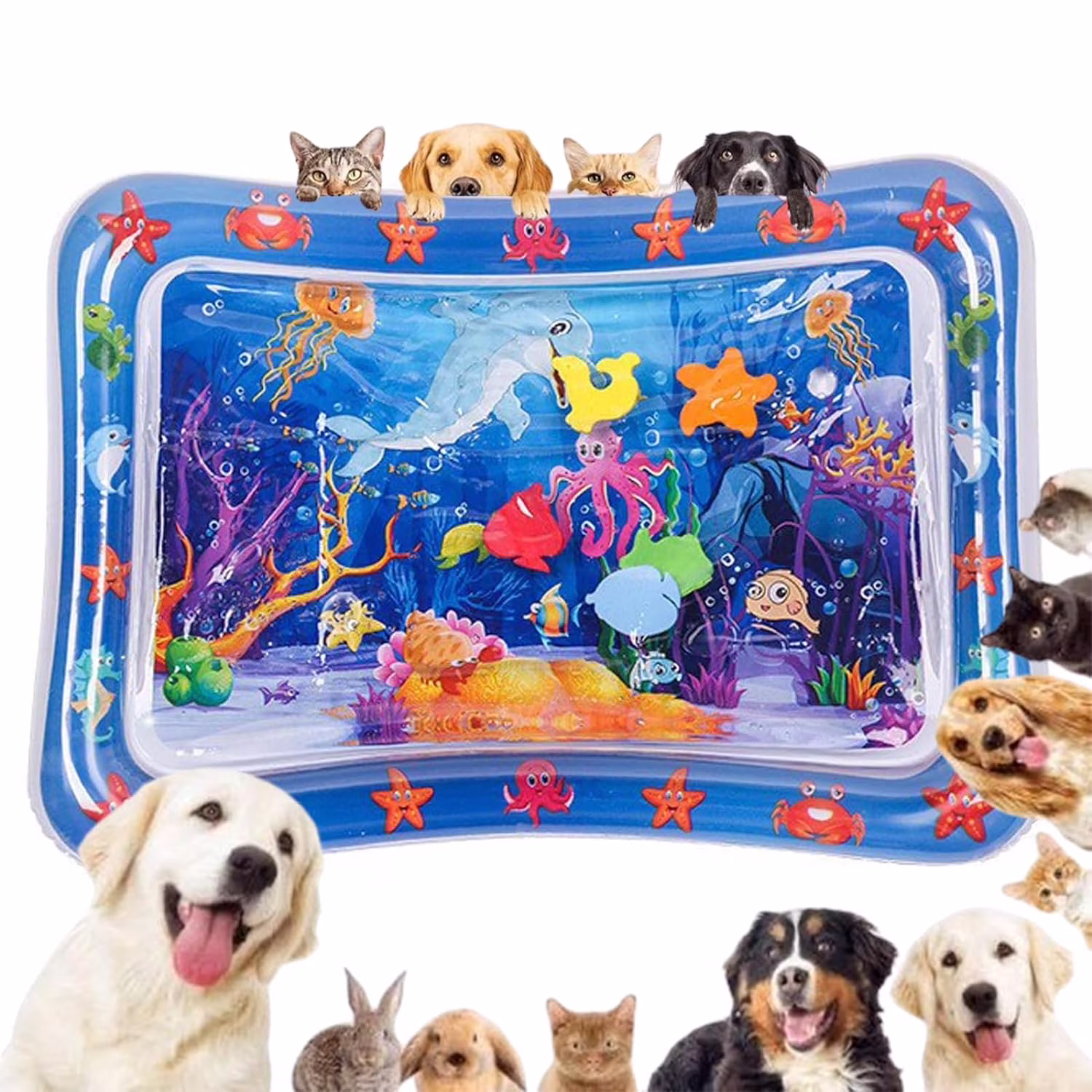 Water Sensory Mat, Pet Water Sensory Play Mat with Fish for Cats and dog, Water Sensory Play Mat for Cats, Thickened Water Sensor Play Mat, Sensor Water Playmat, Feel Cool Comfort