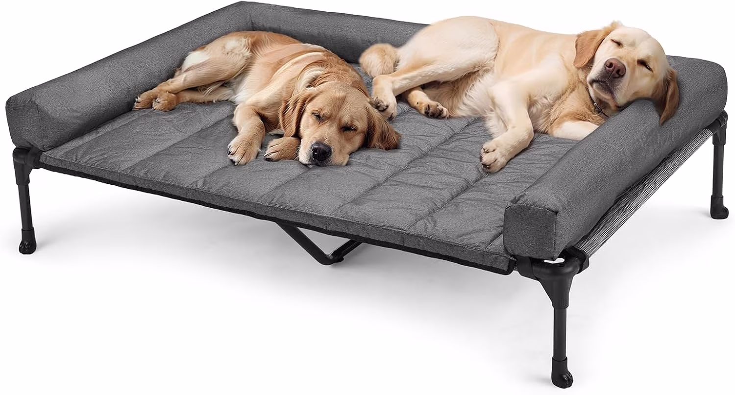 Cooling Elevated Dog Bed + Waterproof Removable Pillow-Top Mat, Bolster Dog Cot Bed, Raised Pet Cot with Breathable Mesh, No-Slip Feet, Dog Sofa Bed for Indoor& Outdoor, XXLarge, Black Silver