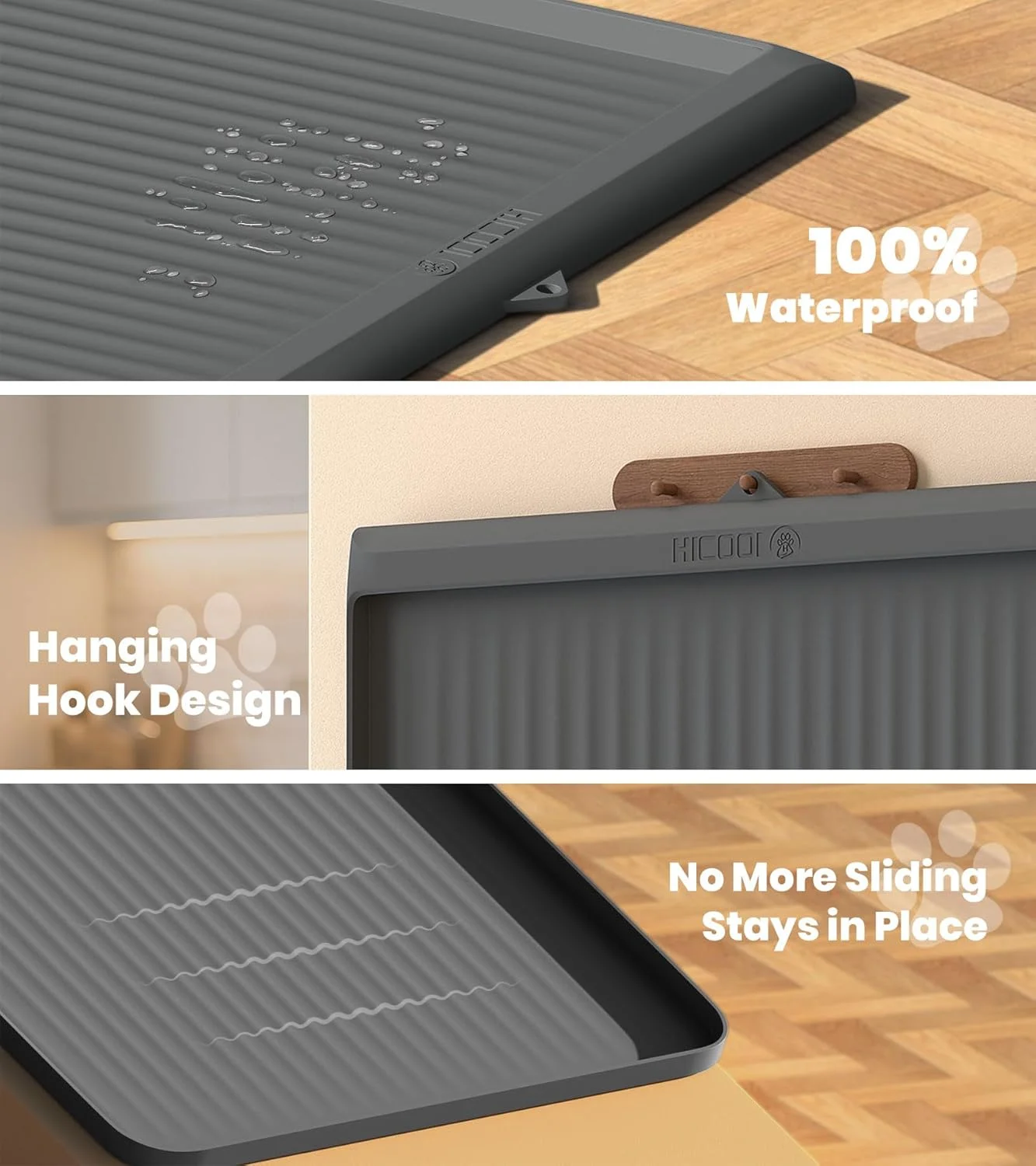 Dog Feeding Mat 36"x24", Waterproof Pet Feeding Mat with Diversion Grooves and Raised Edges, Large Non-Slip Dog Bowl Mat for Food and Water, Cat Feeding Mat for Floors, Easy to Clean, Grey