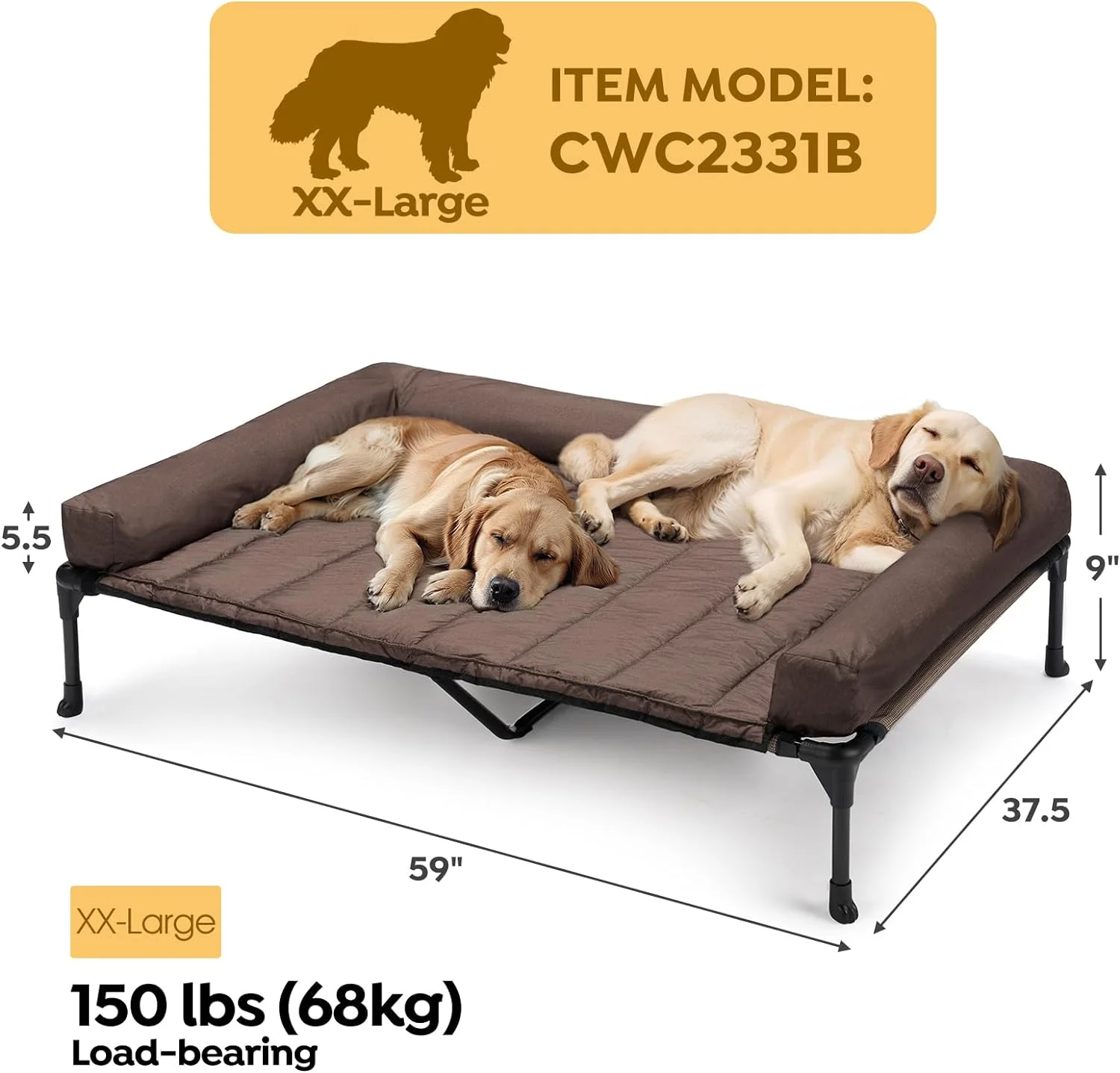 Cooling Elevated Dog Bed + Waterproof Removable Pillow-Top Mat, Bolster Dog Cot Bed, Raised Pet Cot with Breathable Mesh, No-Slip Feet, Dog Sofa Bed for Indoor& Outdoor, XXLarge, Brown