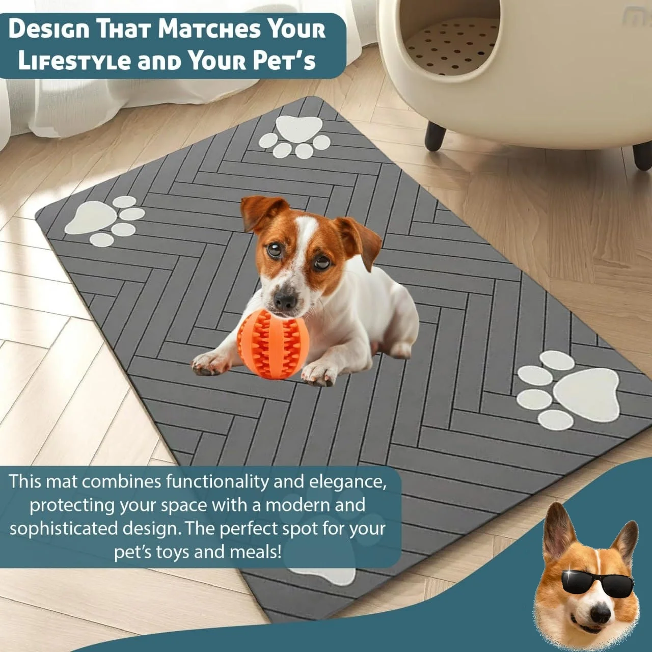 Pet Feeding Mat Absorbent Pet Placemat for Food and Water Bowl, with Waterproof Rubber Backing, Quick Dry Water Dispenser Mat for Dog and Cat (12"x20", Striped Dark Gray)