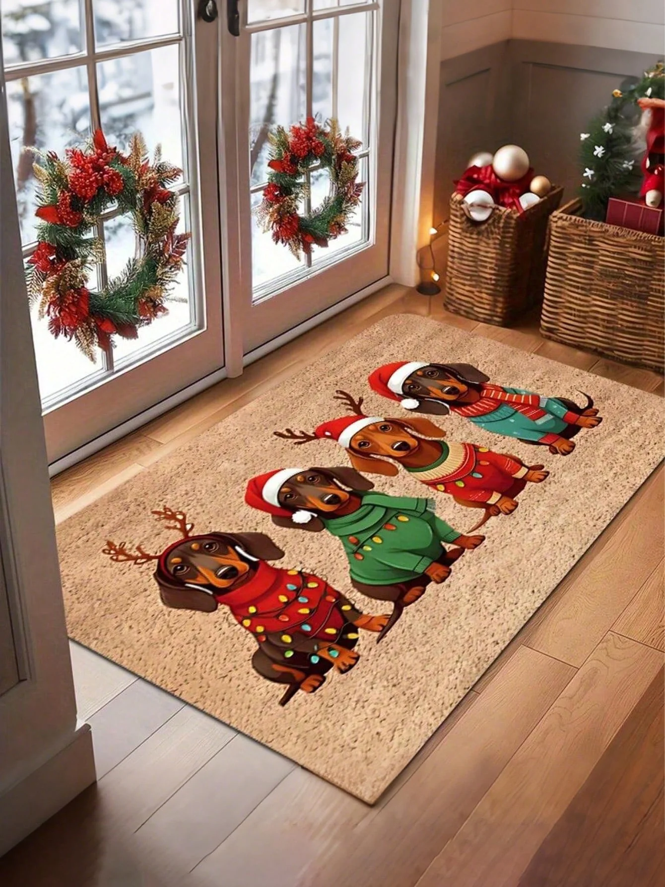 1 Dachshund Christmas Doormat With Santa Hat And Sweater Pattern - Soft Polyester Indoor And Outdoor Rug, 0.4 Inch Non-Slip Bottom, Machine Washable Pet Mat For Entryway, Kitchen, Bathroom