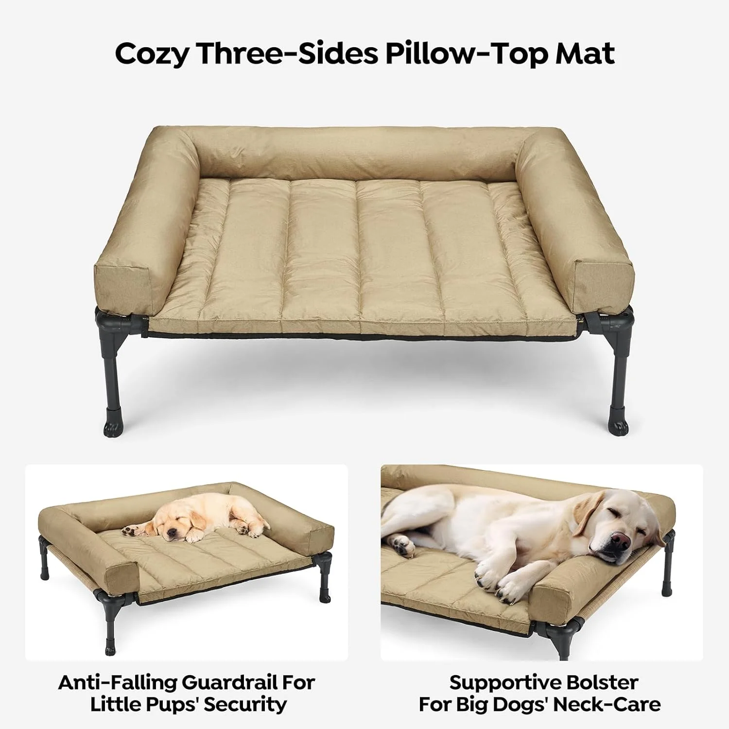 Cooling Elevated Dog Bed Add Removable Waterproof Bolster Cushion Mat, Raised Pet Cot with Breathable Teslin Mesh, No-Slip Feet, Dog Couch Bed for Indoor Outdoor, 59x37.5inches, Beige,