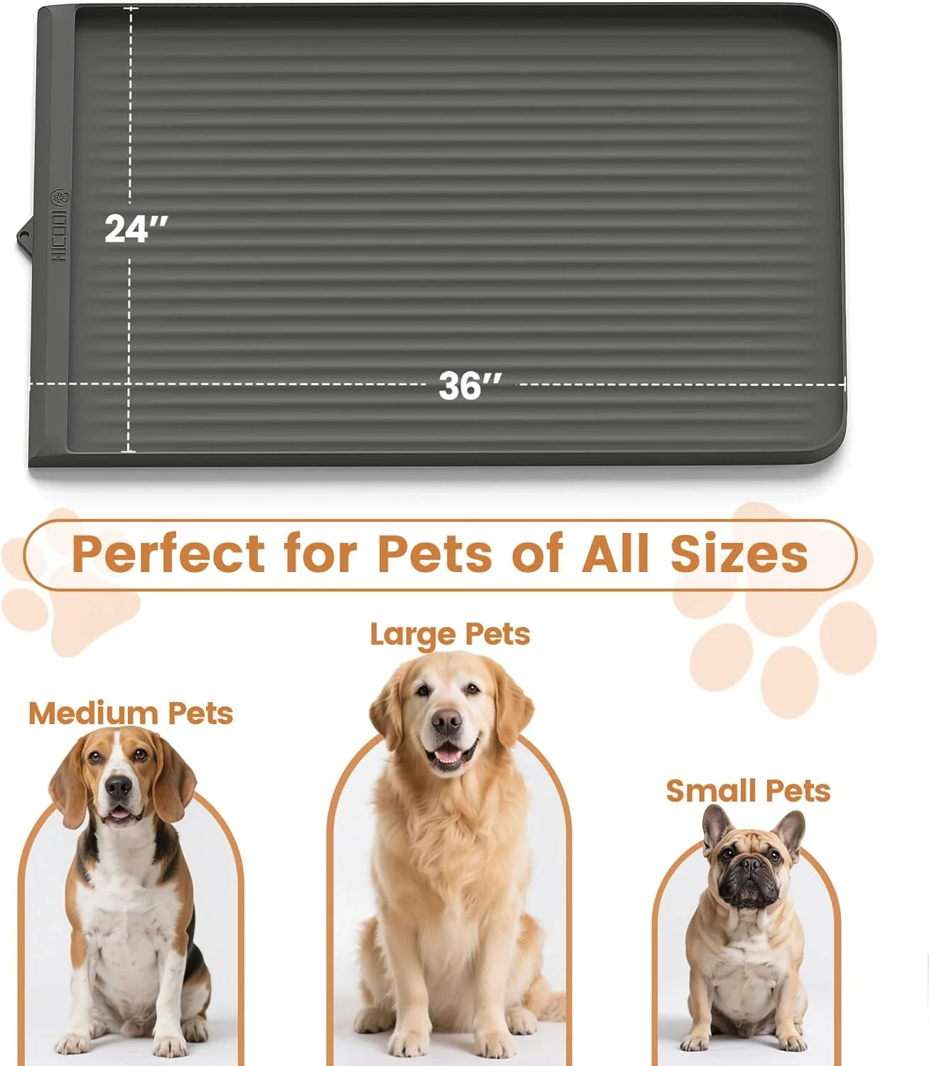 Dog Feeding Mat 36"x24", Waterproof Pet Feeding Mat with Diversion Grooves and Raised Edges, Large Non-Slip Dog Bowl Mat for Food and Water, Cat Feeding Mat for Floors, Easy to Clean, Grey