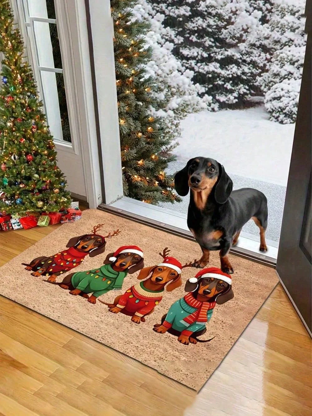 1 Dachshund Christmas Doormat With Santa Hat And Sweater Pattern - Soft Polyester Indoor And Outdoor Rug, 0.4 Inch Non-Slip Bottom, Machine Washable Pet Mat For Entryway, Kitchen, Bathroom
