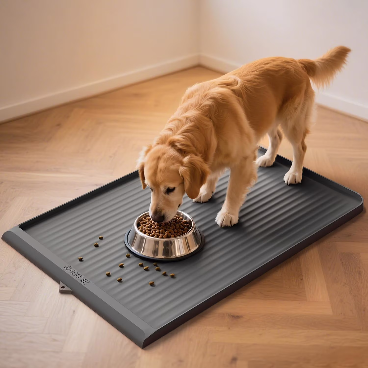 Dog Feeding Mat 36"x24", Waterproof Pet Feeding Mat with Diversion Grooves and Raised Edges, Large Non-Slip Dog Bowl Mat for Food and Water, Cat Feeding Mat for Floors, Easy to Clean, Grey