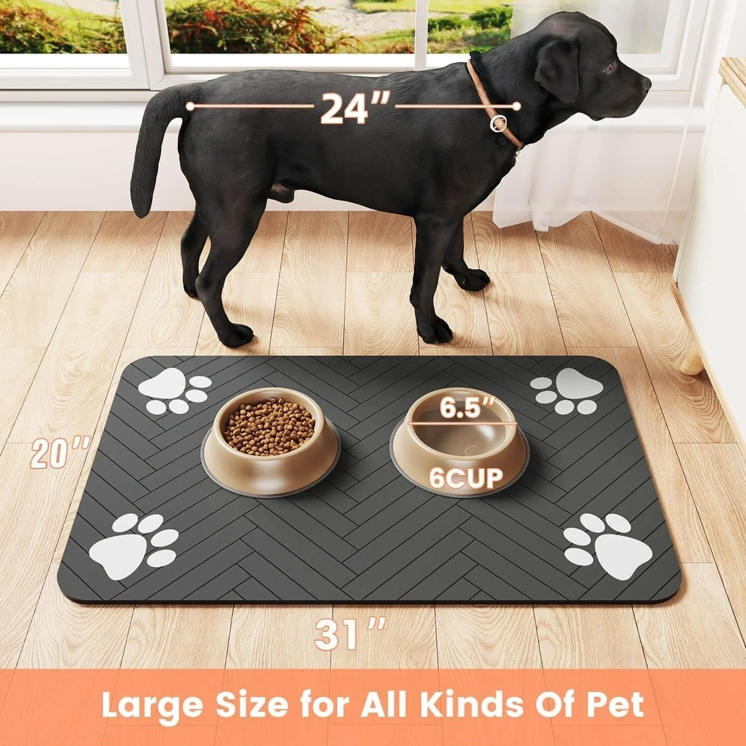 Pet Feeding Mat, Absorbent Pet Placemat for Food and Water Bowl, with Waterproof Rubber Backing, Quick Dry Water Dispenser Mat for Dog and Cat (12"x20", Striped Dark Gray)