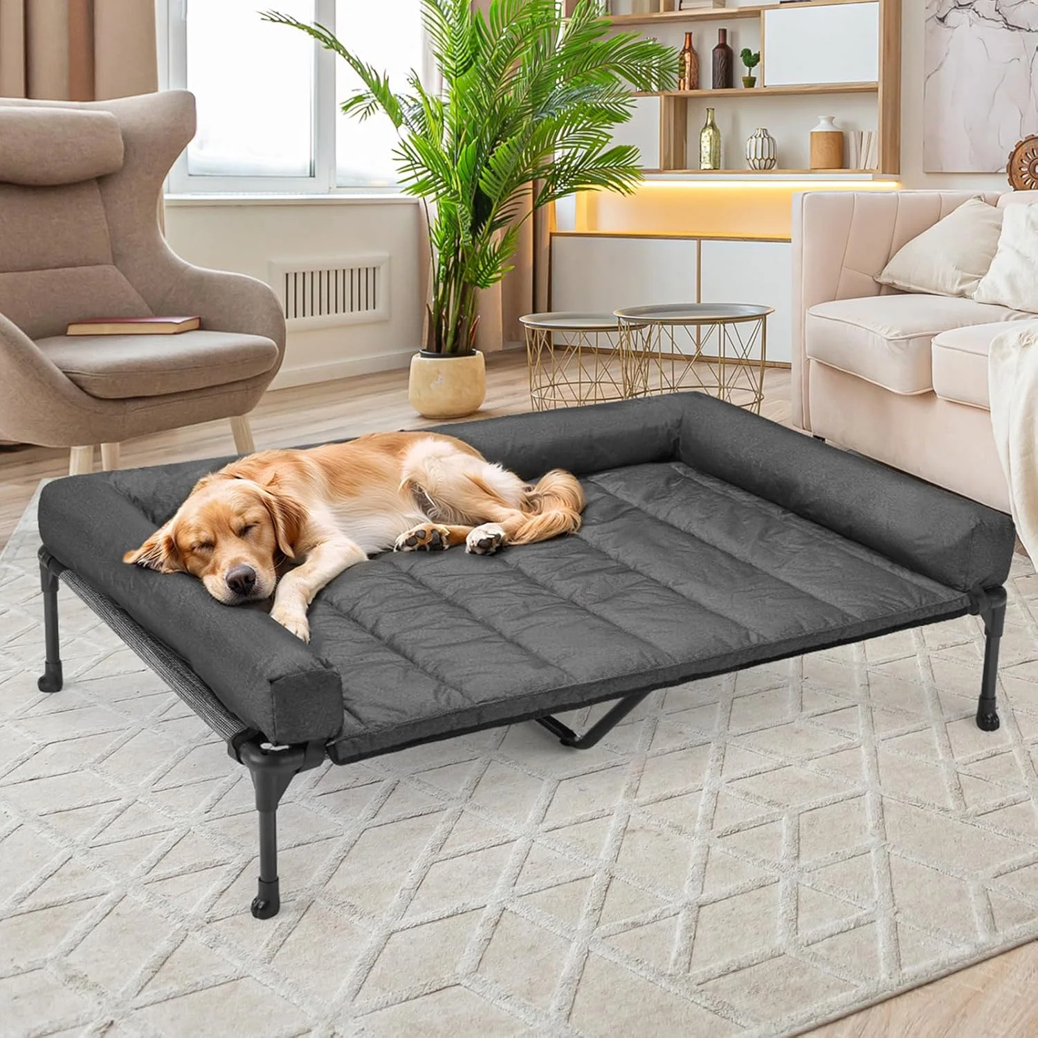 Cooling Elevated Dog Bed + Waterproof Removable Pillow-Top Mat, Bolster Dog Cot Bed, Raised Pet Cot with Breathable Mesh, No-Slip Feet, Dog Sofa Bed for Indoor& Outdoor, XXLarge, Black Silver