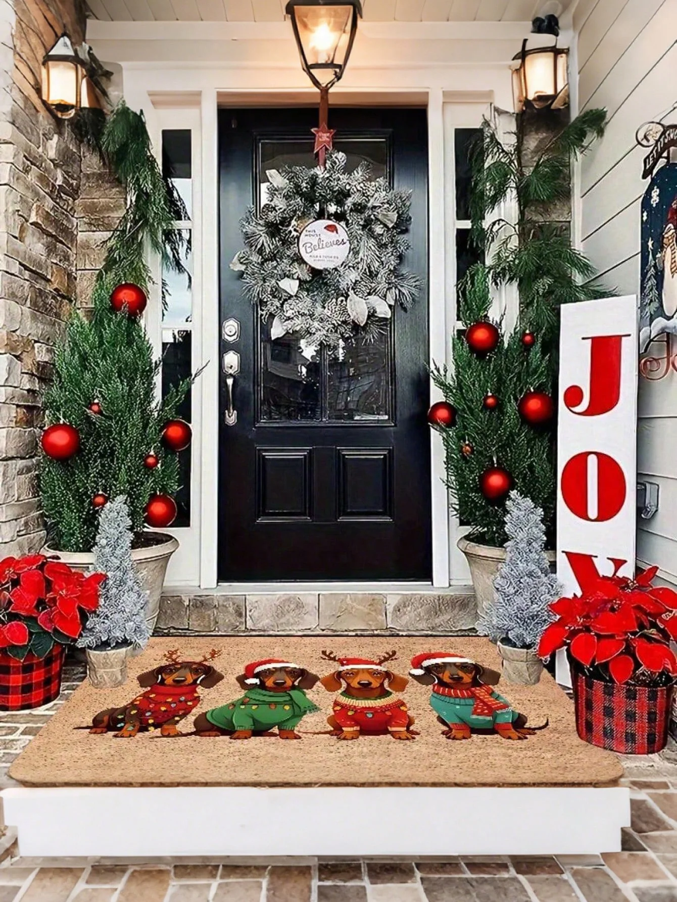1 Dachshund Christmas Doormat With Santa Hat And Sweater Pattern - Soft Polyester Indoor And Outdoor Rug, 0.4 Inch Non-Slip Bottom, Machine Washable Pet Mat For Entryway, Kitchen, Bathroom