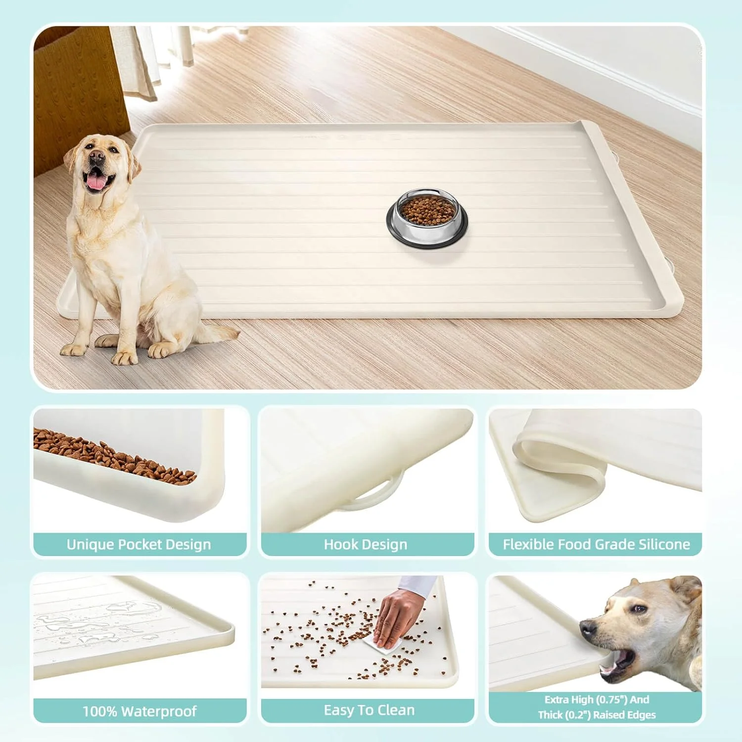 Dog Mat for Food and Water - 39.4" x 27" Large Pet Feeding Mats with Residue Collection Pocket - Waterproof Dog  Bowl Mat with High Edges to Prevent Water and Food Spills (Cream)